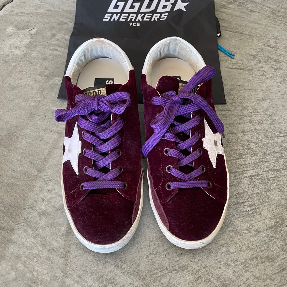 Golden Goose burgundy velvet Super Star sneakers. - Picture 2 of 9